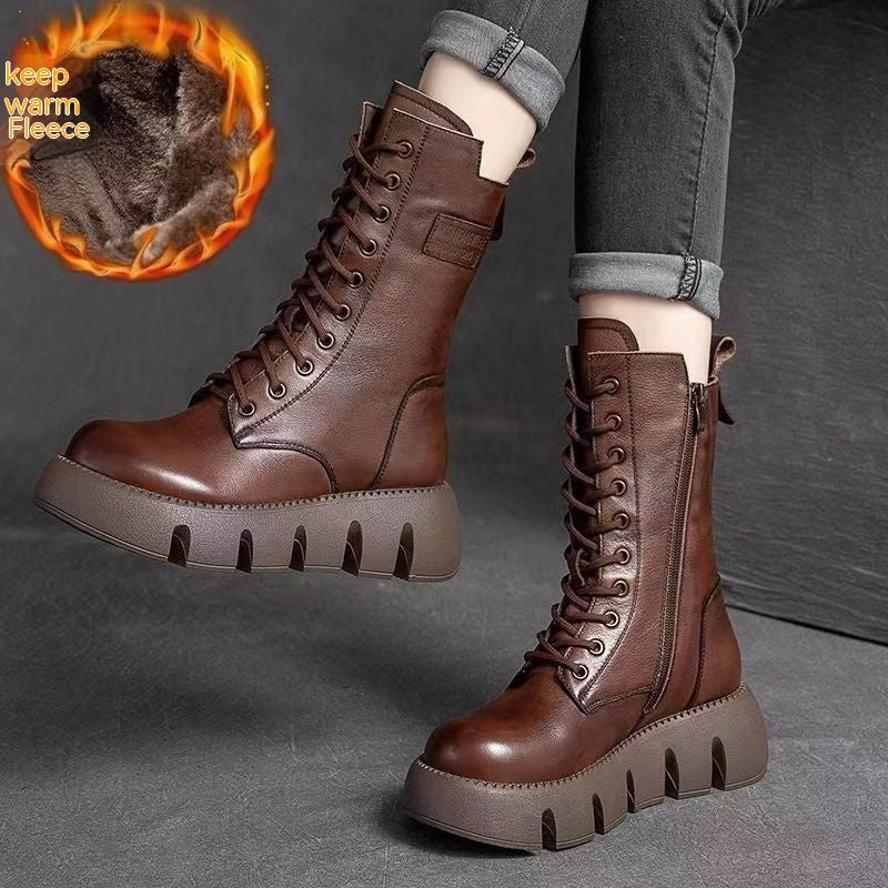 Fleece-lined Thick Cotton Mid-calf Women's Single Boots Product information: Pattern: solid color Lining material: artificial velboa Applicable sports: Universal Color: black, dark brown Upper height: Middle top Heel height: mid heel (3-5CM) Heel shape: E