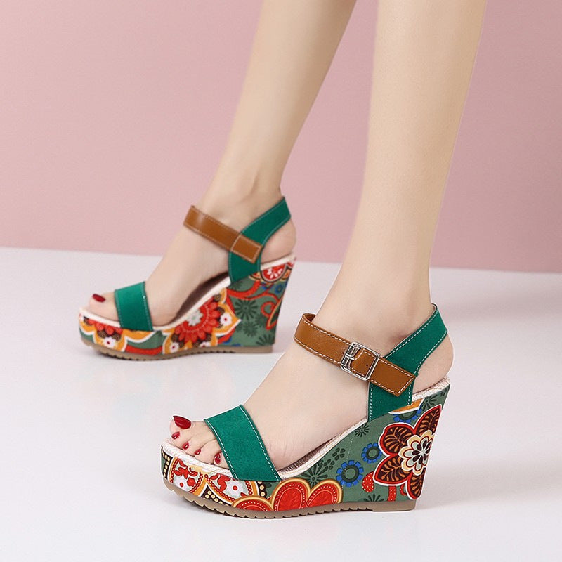 Fashion Flowers Embroidered High Wedge Sandals For Women Summer Toe Platform Buckle Shoes Overview: Unique design, stylish and beautiful. Good material, comfortable wear. A variety of colors, any choice. Product information: Upper Material:PU Toe shape: r