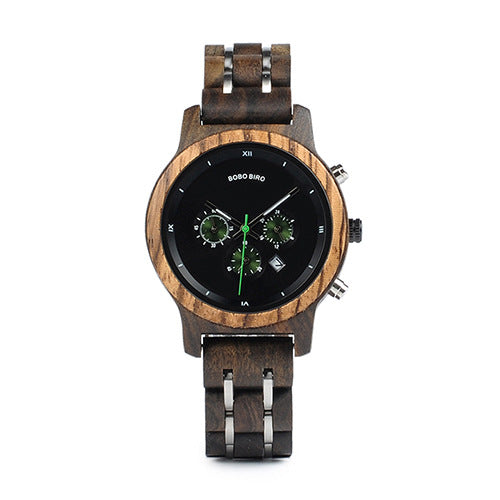 Wooden Watch For Men Product Description Model number: P18 Case diameter: 40 mm Band width: 17.5 mm Entire band: 195 mm Movement: Quality quartz movement Mirror material: Hardlex Band material: Zebra wood & stainless steel or ebony & stainless steel Case