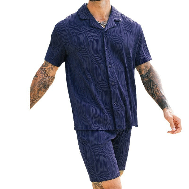 Men's Shirt Button Stripe Casual Fashion Loose Shorts Set Product information: Color: blue Size: S,M,L,XL,XXL,XXXL Style: two-piece set Fabric name: Woven Applicable scenarios: Leisure Main fabric composition: Polyester Fiber Style: Young and casual Craft