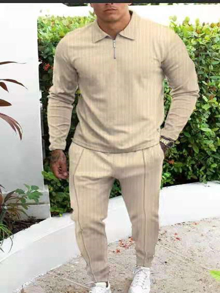 New Slim Trendy Casual Striped Suit Men Product Information: Style: Vintage Thickness: General Length: trousers Top style: T-shirt POLO shirt Top sleeve length: long sleeve Whether hooded: not hooded Fabric name: cotton blended Main fabric composition: po