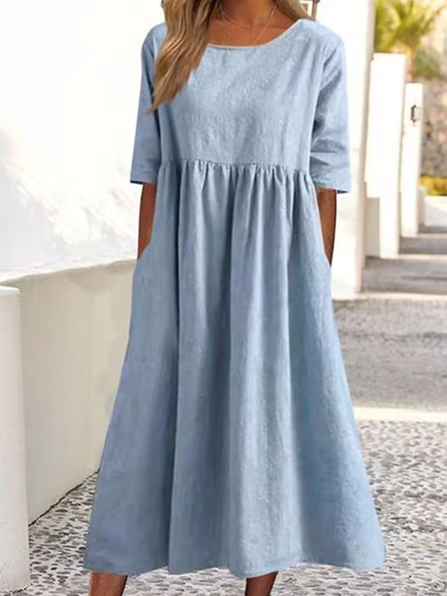 Women's Fashion Casual Cotton Linen Short Sleeve Pocket Dress Product information: Material:polyester fiber Style:Fashion Simple Features:Solid color Colour:white,dark grey,black,green,light green,blue,light blue Size Information: Unit:CM Note: 1. Asian s