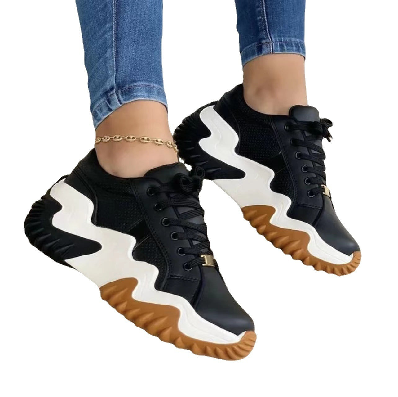 Women Shoes Lace-up Sports Sneakers Overview: Unique design, stylish and beautiful. Good material, comfortable feet. A variety of colors, any choice. Specification: Popular elements: sponge cake heel Toe shape: round toe Upper material: artificial leather