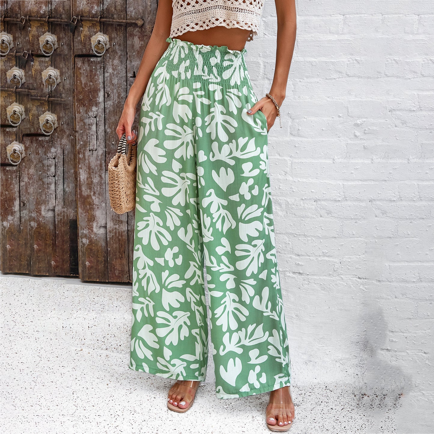 Elegant Printed Trousers Summer Loose Elastic High Waist Straight Pants For Beach Vacation Womens Clothing Product information: Material:Polyester+Cotton Size Information: Packing list: Trousers*1 Product Image: Elegant Printed Trousers Summer Loose Elast