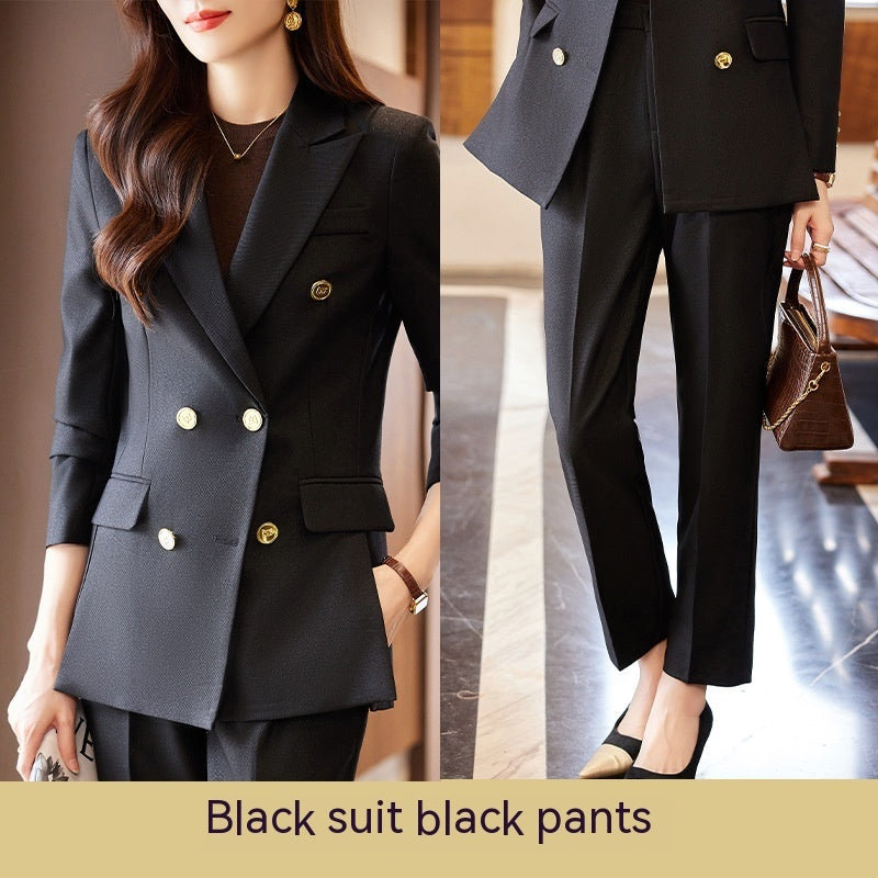 Caramel Suit Women's Fashion Temperament Double Breasted High Sense Slim Fit Suits Product information: Fabric name: Polyester Color: black suit, yellow suit, caramel suit, black suit pants, yellow suit pants, caramel suit pants Sleeve type: regular sleev