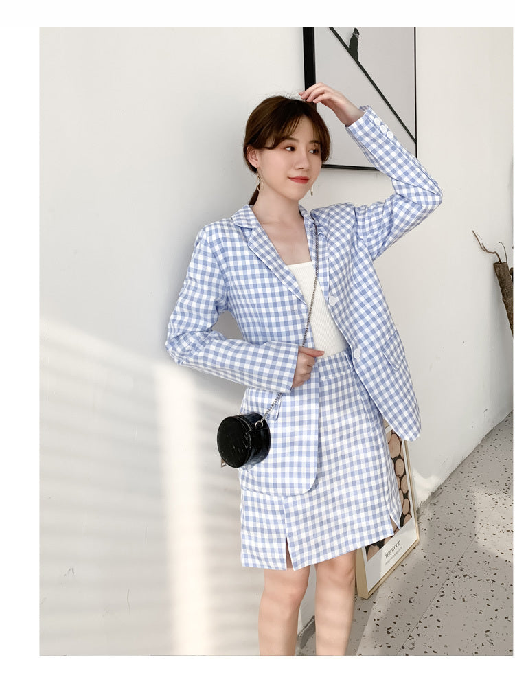 Plaid suit skirt suit Size: XS S M L Color classification: black plaid jacket size length shoulder bust waist XS 65 40.5 85 75 S 66.5 42 87 77 M 68 44 91 81 L 69.5 46 95 85 skirt length length waist hip xs 41 62 90 s 42 64 92 m 43 68 96 l 44 72 100 unit:c