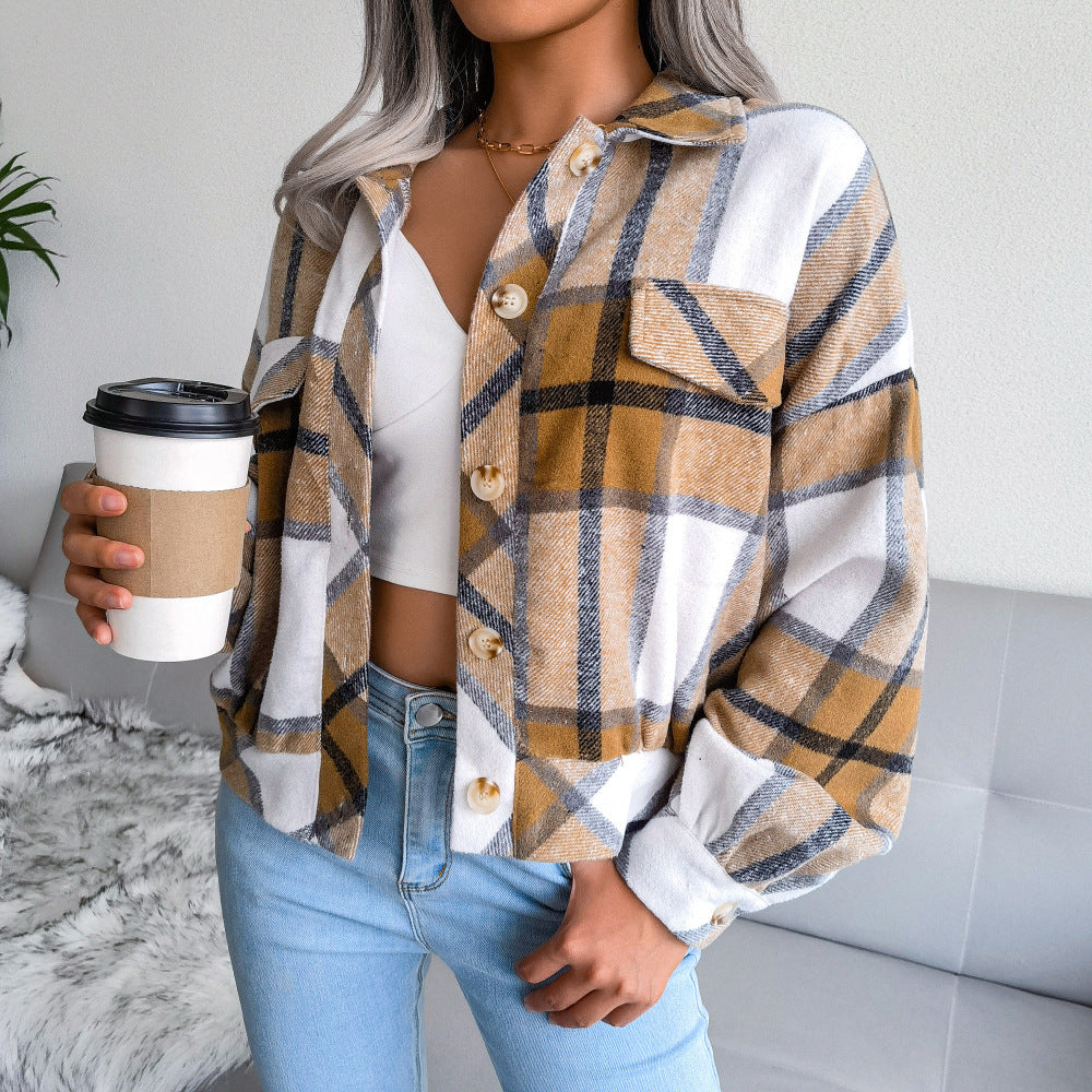 Plaid Lapel Cropped Jacket Fashion Loose Button Long Sleeve Short Outwear Tops Coat For Womens Clothing Product information: Fabric name: woolen fabric Main fabric composition: polyester (polyester fiber) Thickness: Medium Sleeve Type: Lantern Sleeve Colo