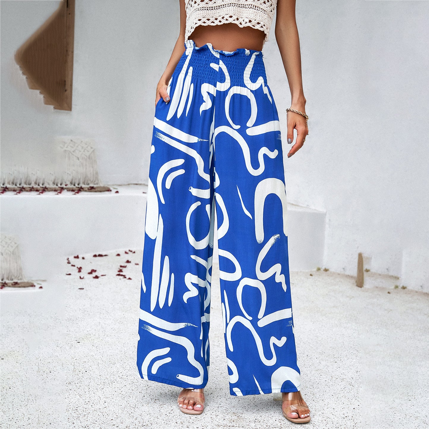 Elegant Printed Trousers Summer Loose Elastic High Waist Straight Pants For Beach Vacation Womens Clothing Product information: Material:Polyester+Cotton Size Information: Packing list: Trousers*1 Product Image: Elegant Printed Trousers Summer Loose Elast