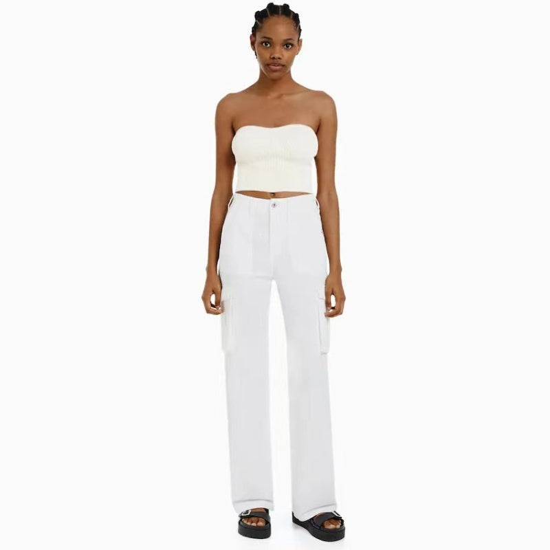 Women's Fashion Straight Jeans In Autumn Product information: Fabric name: cotton Style: overalls Popular element: pocket Color: white, apricot Style: European and American Elasticity: no elasticity Process: composite Size information: Size: S, M, L, XL N