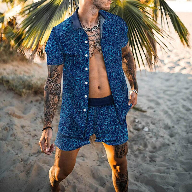 European And American Casual Loose Printed Shirt Suit Men Product information: Style: Hong Kong style Pants length: shorts Top style: shirt Shirt sleeve length: short sleeve Main fabric composition: polyester fiber (polyester) Color: picture color, pictur