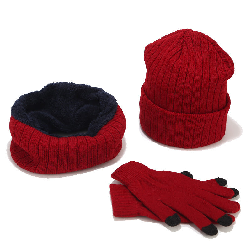 Scarf And Hat Gloves Three-piece Suit Men And Women Couple Winter Woolen Knitted Hat Product information: Pattern: stripes Color: red, black, navy blue Processing Method: Embroidery Applicable gender: neutral/both men and women Inventory Type: whole trans