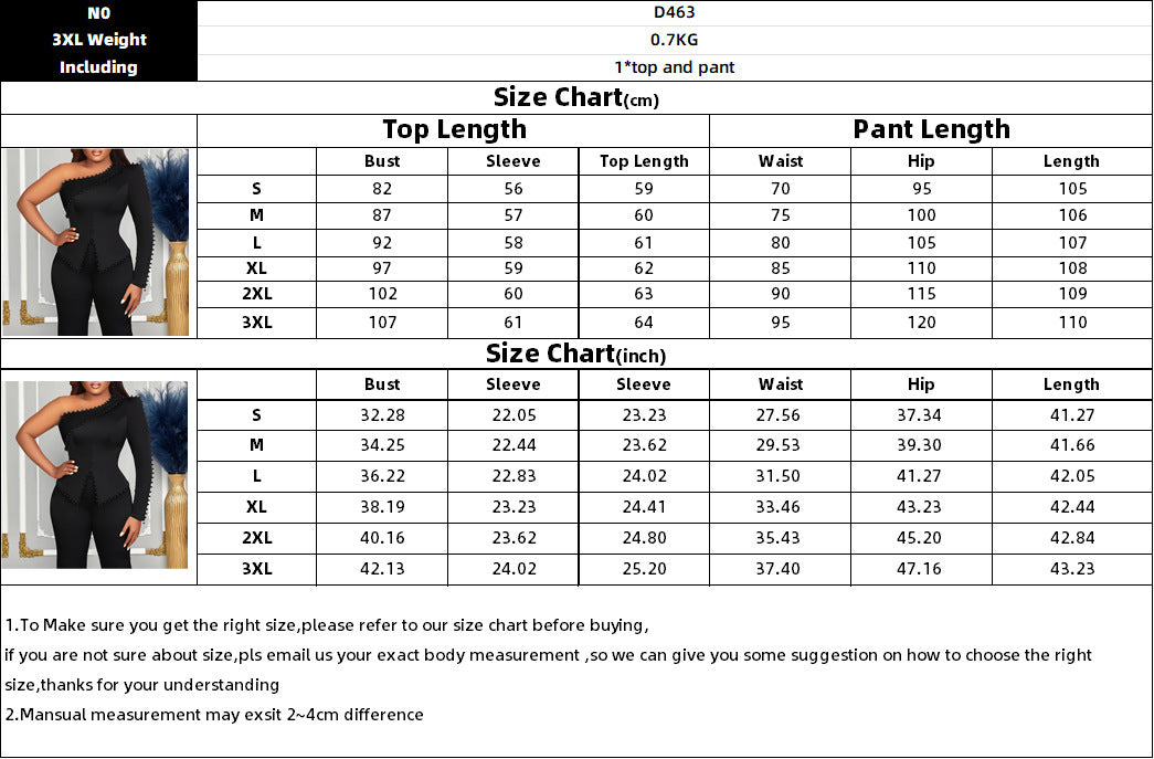 Women's Fashion Temperament Diagonal Shoulder Beaded Ol Two-piece Set Product information: Pattern: solid color Color: black, red, white Size: S,M,L,XL,XXL,XXXL Style type: temperament commute Fabric name: Polyester Applicable Gender: Female Size: Note: 1