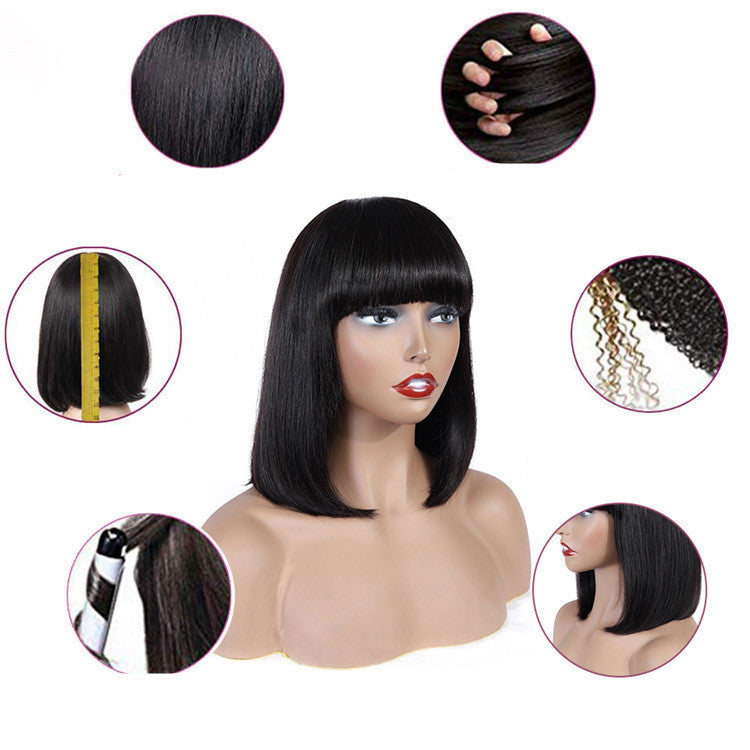 Human Hair Bob Wig Headgear Woven Top Heart Is Natural And Realistic Specification: Material: Human hair Styling: Bob head with bangs Process: Full mechanism, hand-woven top heart mechanism Length: 8 inches, 10 inches, 12 inches, 14 inches Color: Regular