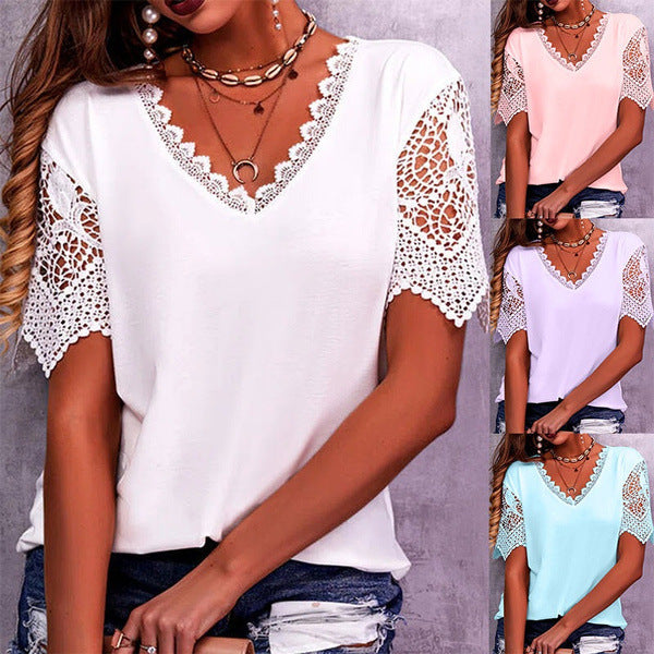 Lace Tops Women Summer Loose V Neck Short Sleeve Casual Shirts Product Information: Fabric name: polyester fiber Main fabric composition: polyester fiber (polyester) Main fabric component 2: cotton Pattern: Solid color Style: Pullover Sleeve length: Short