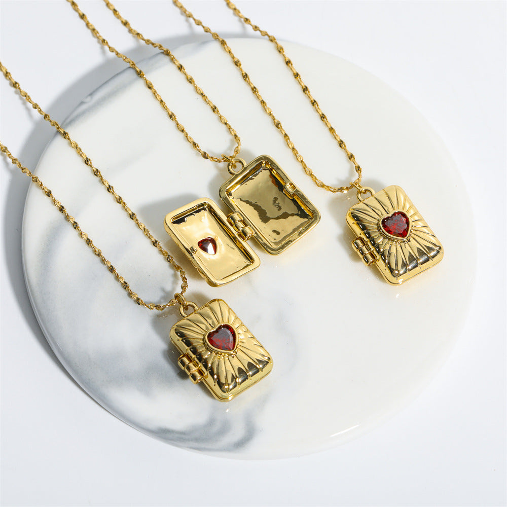 Retro Opening And Closing Love Zircon Album Box Necklace Ins Personalized Necklace Clavicle Chain Jewelry For Women Valentine's Day Product information: Material: Copper + Zirconia Size: 45+5cm Pendant: 14.7*20mm Plating: 14k gold Packing list: Necklace*1