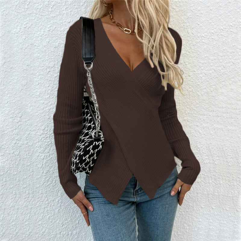 Irregular Cross Sweater Women's Top Product information: Color: black, white, apricot, pink, coffee, gray, blue, khaki Size: S,M,L,XL Style type: Japanese and Korean casual Popular elements: V-neck irregular Style: pullover Fabric name: knitted Main fabri