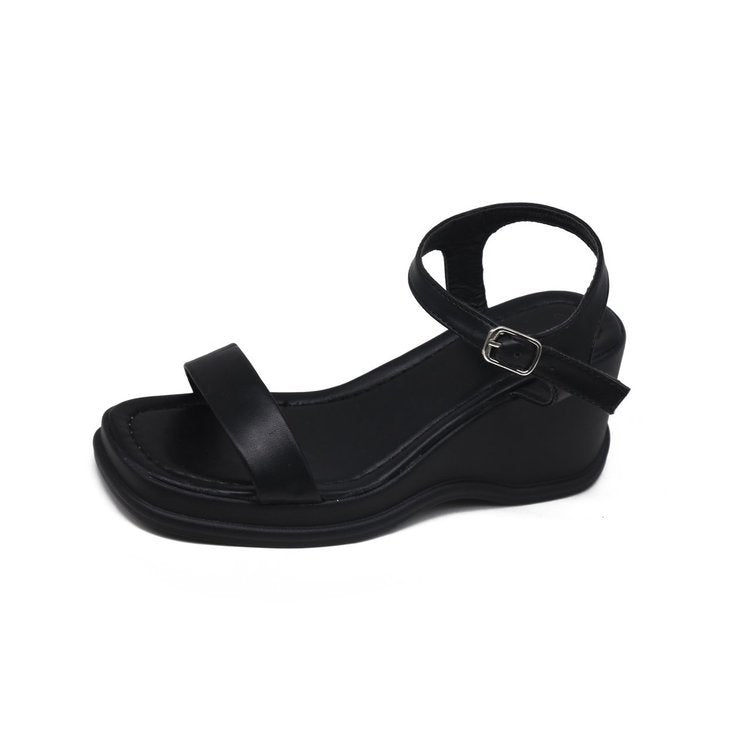 Platform Wedge Sandals Women's Shoes Square Toe Open Toe Product information: Lining material: Microfiber Scaffolding shape: square head Color: black, white, green Upper material: PU Size: 35.36,37.38,39 Wearing method: Button Sole material: Polyurethane