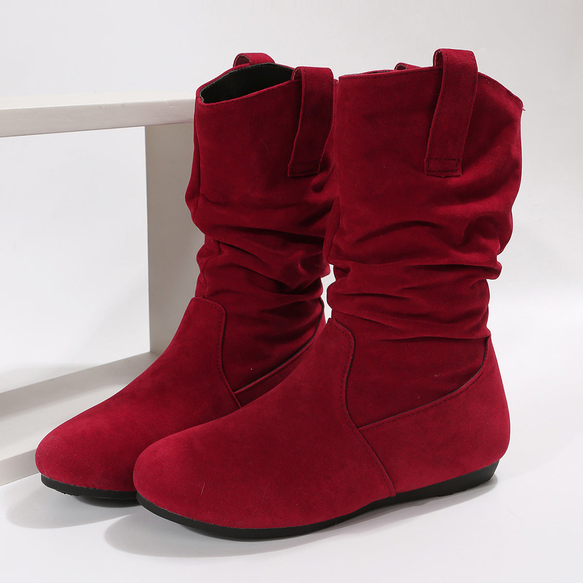 Round Toe Flat Boots Fashion Solid Color Suede Mid-calf Boot Winter Warm Shoes For Women Overview: Unique design, stylish and beautiful. Good material, comfortable feet. A variety of colors, any choice. Specification: Product Category: Fashion Boots Shoe
