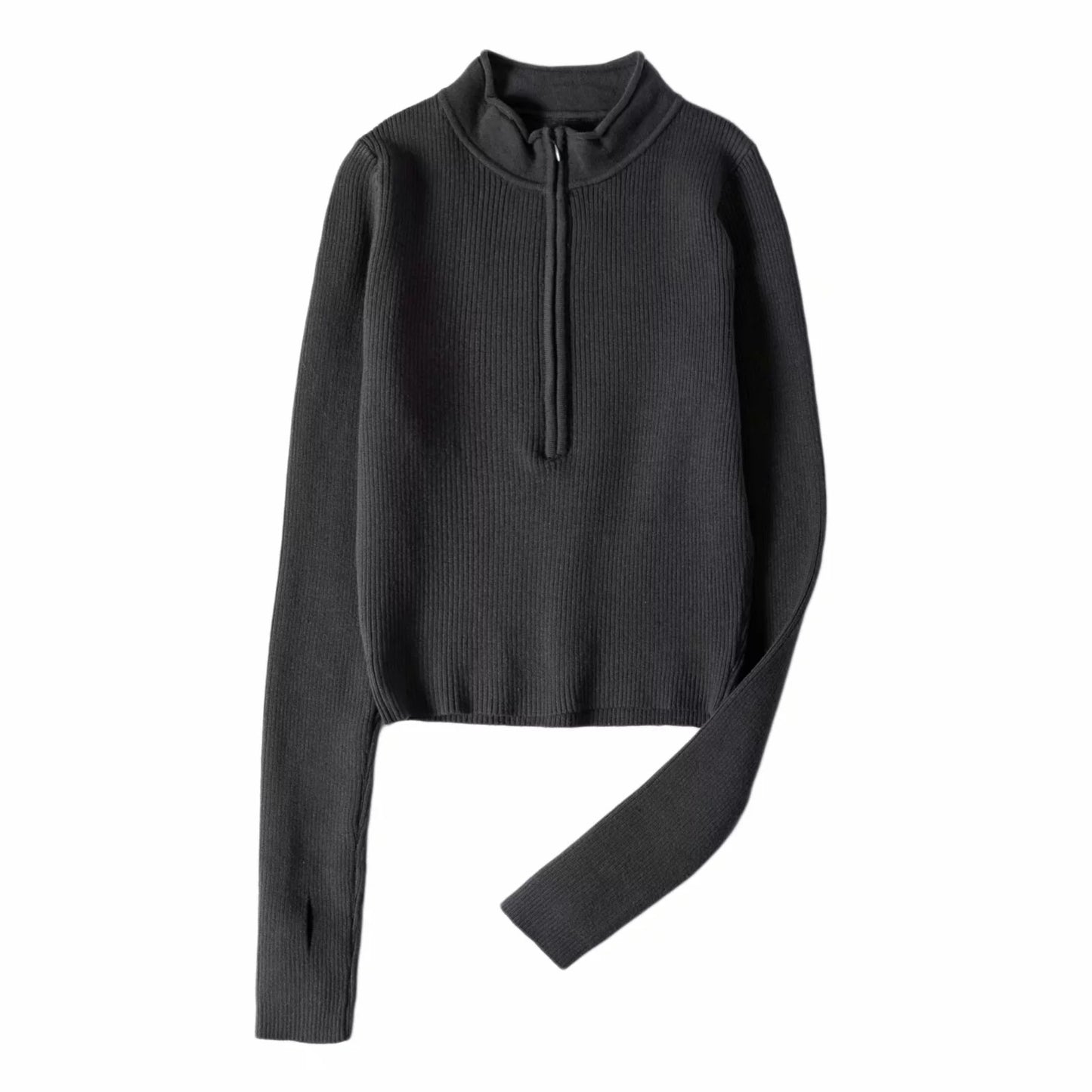 Half Zipped Stand Collar Midriff Outfit Skinny Knit Top Product information: Fabric name: Cotton Color: black, green, white, dark gray Main fabric composition: Cotton Size: free size Style type: private clothing socialite Sleeve length: long sleeve Popula