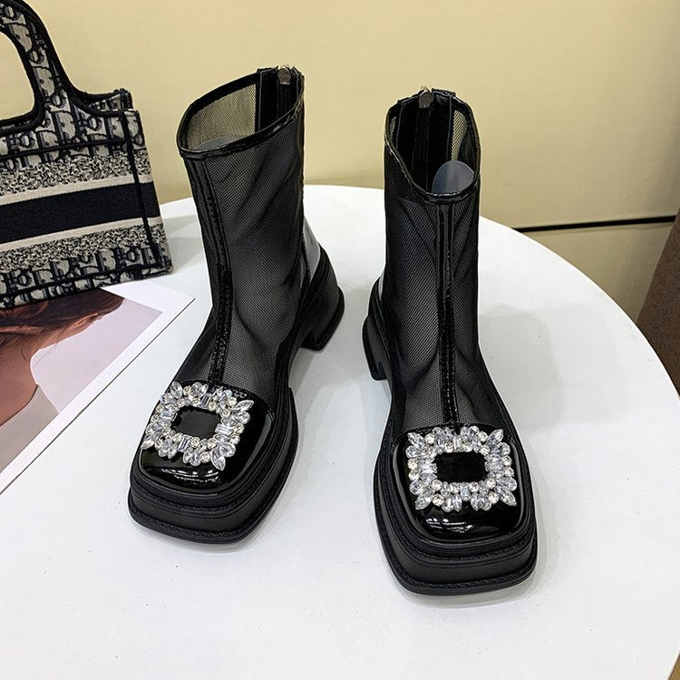 Thin Genuine Leather Mesh Thick Bottom Sandal Boots Hollow Breathable Mesh Shoes Product information: Toe bracket shape: square head Color: white, black Sole material: rubber sole Shoe Upper material: PU Size: 35, 36, 37, 38, 39 Style: European and Americ