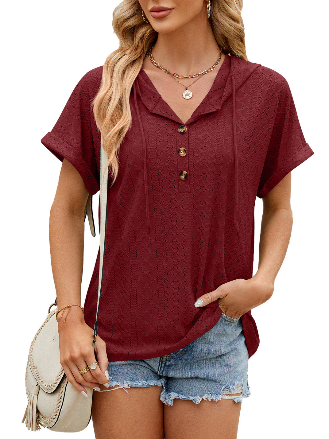 New Solid Color Hooded Button T-shirt Loose Hollow Design Short-sleeved Top For Womens Clothing Product information: Material:Rayon+Polyester+Spandex Style:Fashion Simple Features:Solid color Color:picture color Size Information: Note: 1. Asian sizes are