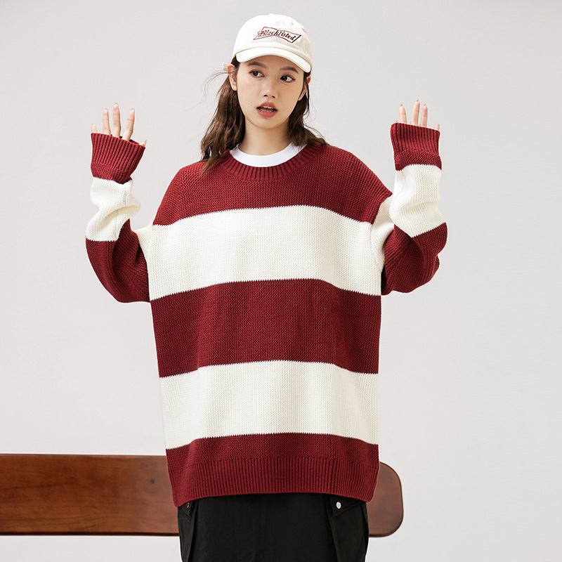 Autumn And Winter Striped Contrast Color Round Neck Sweater Men And Women Loose Leisure All-matching Couple Product information: Color: black, red, blue, green Suitable for people: Teenagers Size: M,L,XL,2XL Version: Loose Style: pullover Thickness: ordin