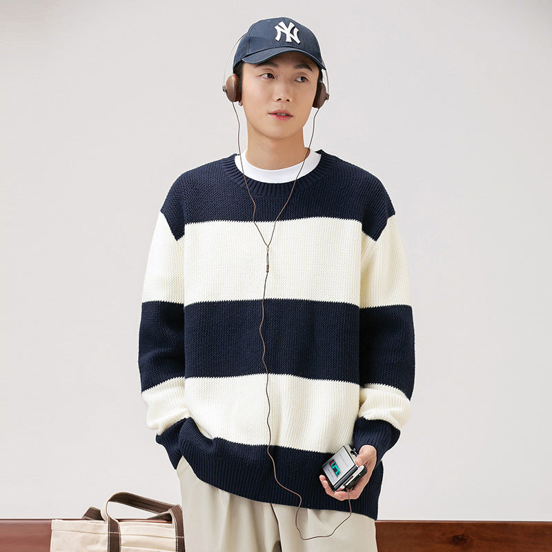 Autumn And Winter Striped Contrast Color Round Neck Sweater Men And Women Loose Leisure All-matching Couple Product information: Color: black, red, blue, green Suitable for people: Teenagers Size: M,L,XL,2XL Version: Loose Style: pullover Thickness: ordin