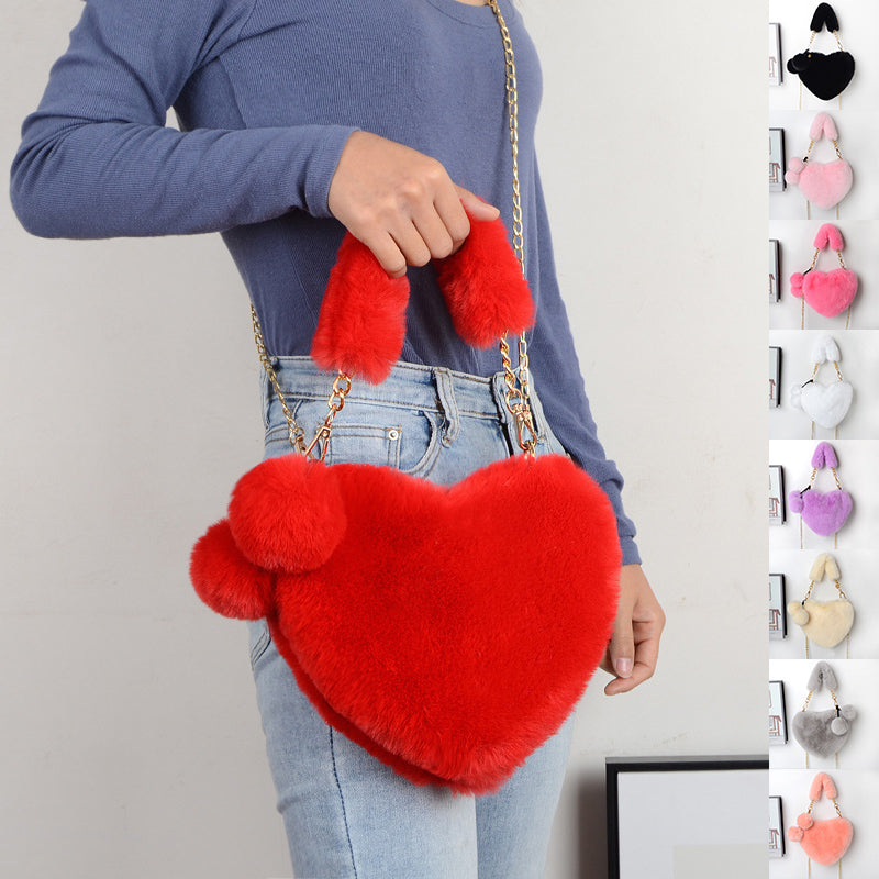 Love Bags Soft Plush Handbags Women Valentine's Day Party Bag Product information: Style: fresh and sweet Material: plush Luggage trend style: fur bag Bag size: medium Lining texture: synthetic leather Bag shape: heart Opening method: zipper Pattern: soli