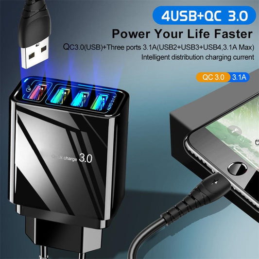 Illuminated 4USB Mobile Phone Charger 3A Charging Head Overview: 100% new design and high quality Portable Charger for home, office, traveling and other indoor uses. 4 USB ports (3.0 fast charge and 3 USB ports 5 V / 3.1 A Max), it can charge 4 devices at