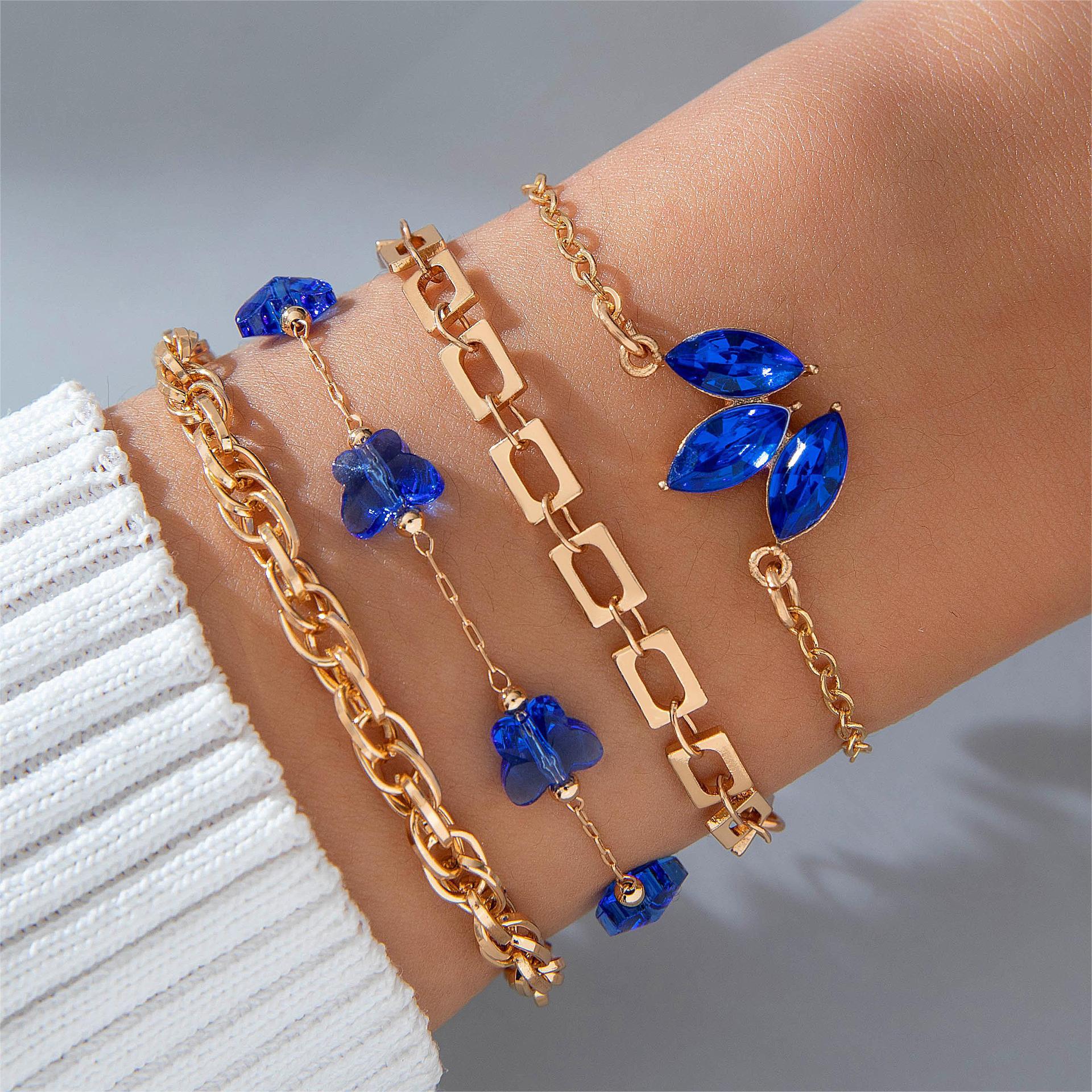4pcs Blue Flower Love Butterfly Bracelet Set With Rhinestones Design Valentines Day Overview: Unique design, stylish and beautiful. Good material, comfortable wear. A variety of colors, any choice. Product information: Material:Alloy Processing: Electropl