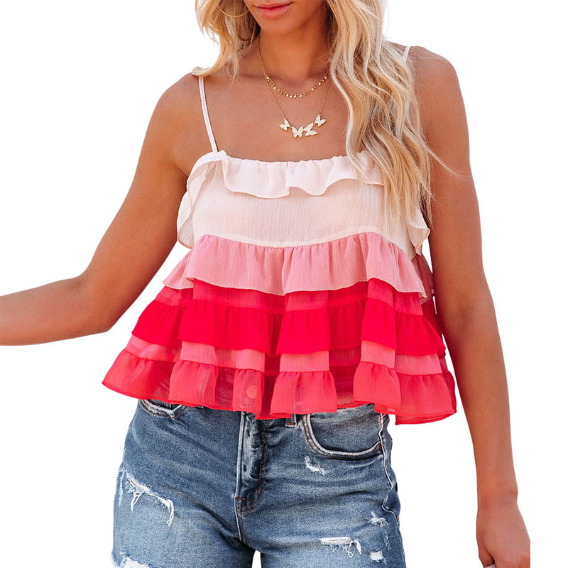 Gradient Ruffled Spaghetti Strap Tank Top Women's Summer New Tube Top Product information: Pattern: contrast color gradient Elasticity: Micro elasticity Size: S,M,L,XL Main fabric composition: Polyester (polyester fiber) Applicable Gender: Female Size: No