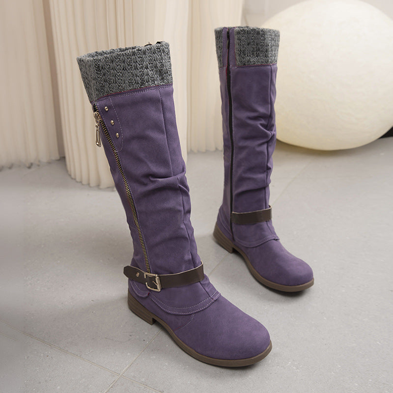 Plus Size Long Tube Women's Boots Chunky Heel Side Zip Wool Stitching Product information: Lining material: Cotton Color: red, black, purple, green, brown Heel height: mid heel (3-5CM) Length of socks: Middle calf Size: 36, 37, 38, 39, 40, 41, 42, 43 Sole