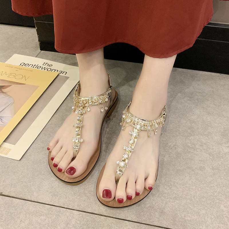 Flip-toe Sandals Fairy Style Flat Bottom Product information: Pattern: solid color Lining material: Leather Color: Black, Gold Upper height: low top Processing Method: patent leather Heel height: flat heel Size: 35,36,37,38 Sole craft: viscose shoes Sole