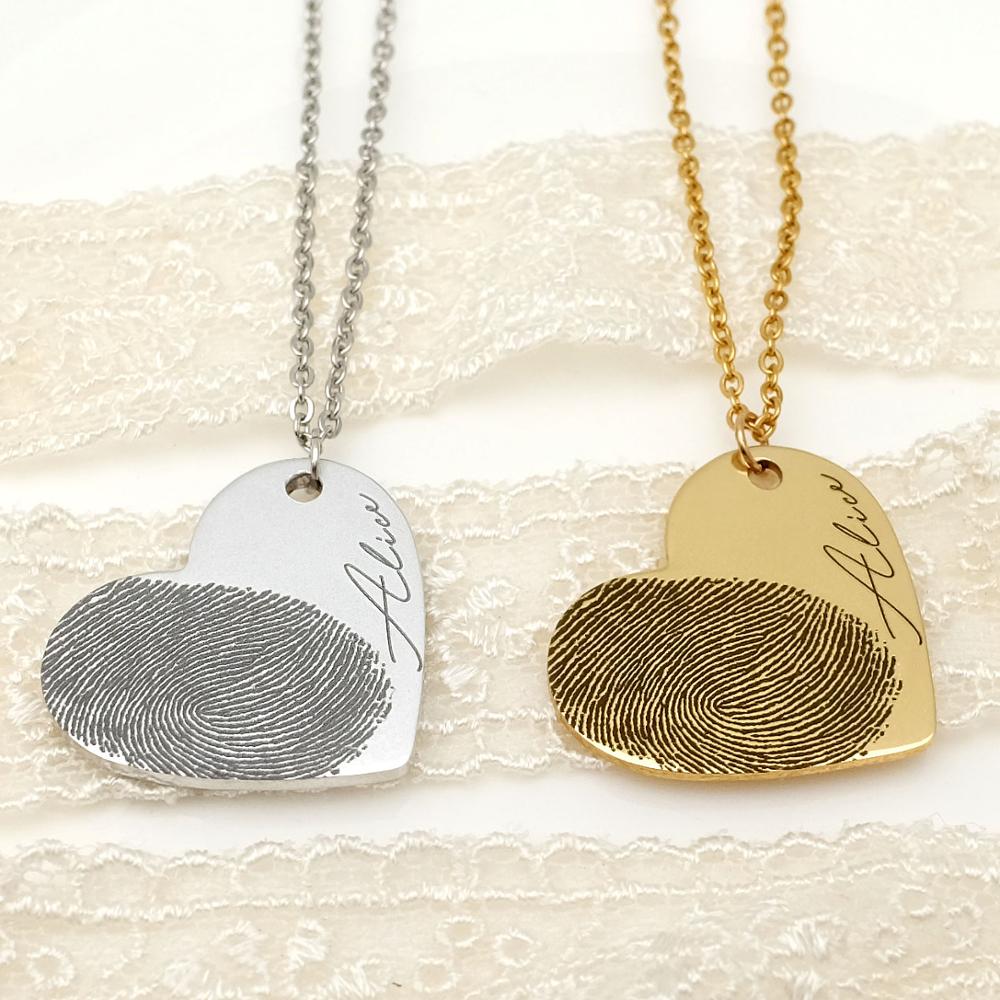 Personalized Fingerprint Necklace Custom Heart Necklace Name Necklace Memorial Gift Christmas Gift Valentines Day Gift Overview Your personalized fingerprint and text can be engraved This is a great way to keep your loved one close to you all day! Just se