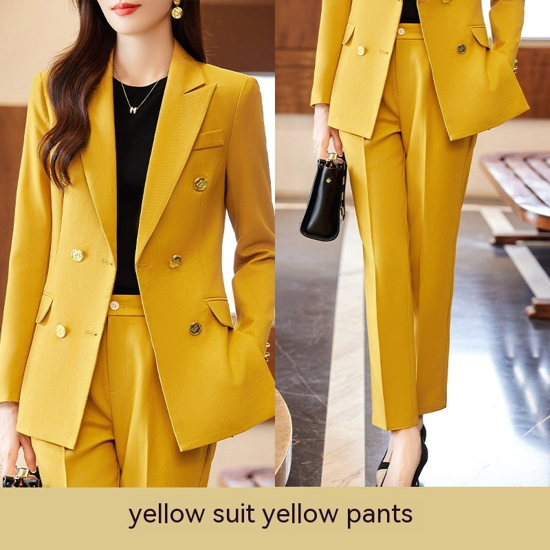Caramel Suit Women's Fashion Temperament Double Breasted High Sense Slim Fit Suits Product information: Fabric name: Polyester Color: black suit, yellow suit, caramel suit, black suit pants, yellow suit pants, caramel suit pants Sleeve type: regular sleev