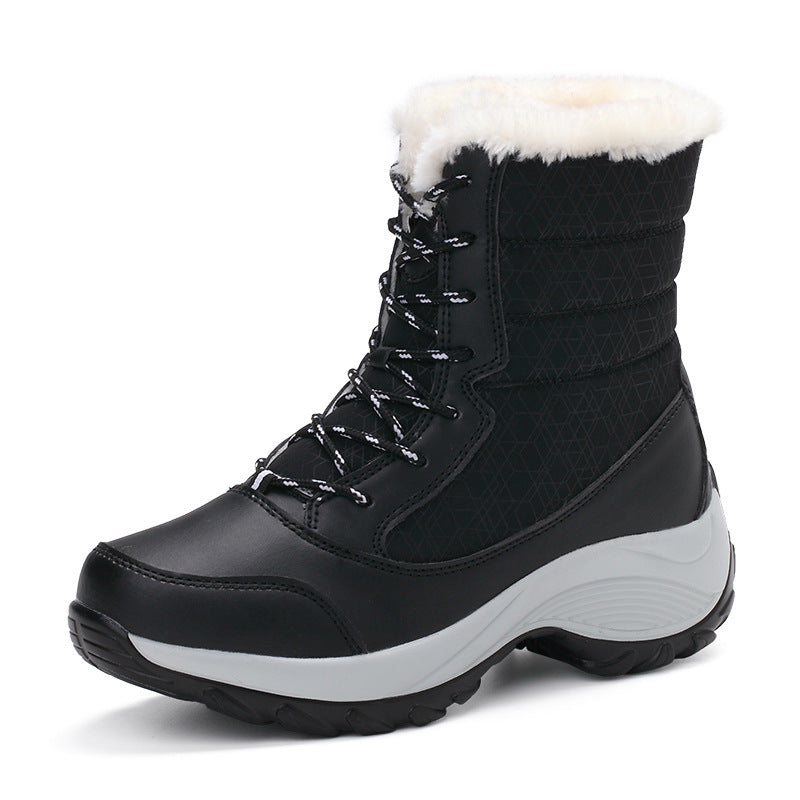Snow Boots Female High To Help Waterproof Ladies Cotton Shoes Boots Plus Velvet Shoes Function: Keep warm Upper material: synthetic leather Sole material: EVA Upper height: low Toe shape: round head Style: Lady Style: cross strap suitable season: winter p