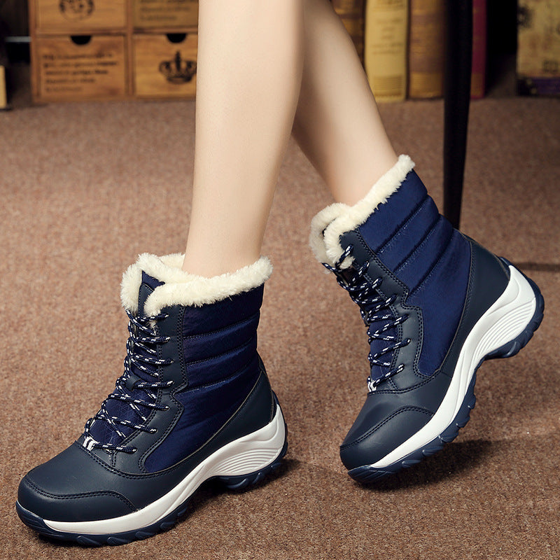 Plus velvet high-top women's shoes waterproof snow boots suitable season: winter Heel height; middle heel (3-5CM Pattern Toe shape; round head Popular elements: car suture Applicable gender; female Upper material; umbrella cloth Style: Korean Sole materia