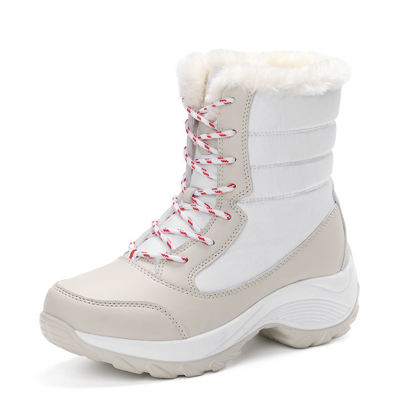 Plus velvet high-top women's shoes waterproof snow boots suitable season: winter Heel height; middle heel (3-5CM Pattern Toe shape; round head Popular elements: car suture Applicable gender; female Upper material; umbrella cloth Style: Korean Sole materia