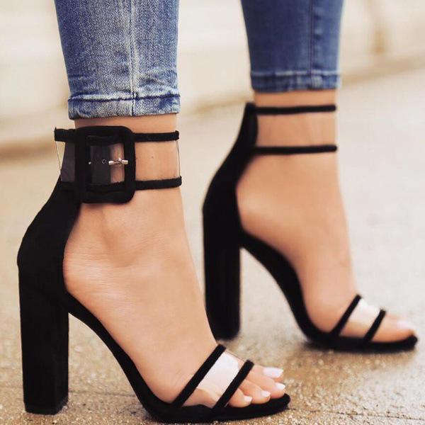 Large Size Sandals Thick Heel Buckle Female High Heels Product information: Upper material: suede Sole Material: Rubber Place of Origin: Taizhou, Zhejiang Style: European and American Toe shape: round head Popular elements: sewing thread, buckle Size Info