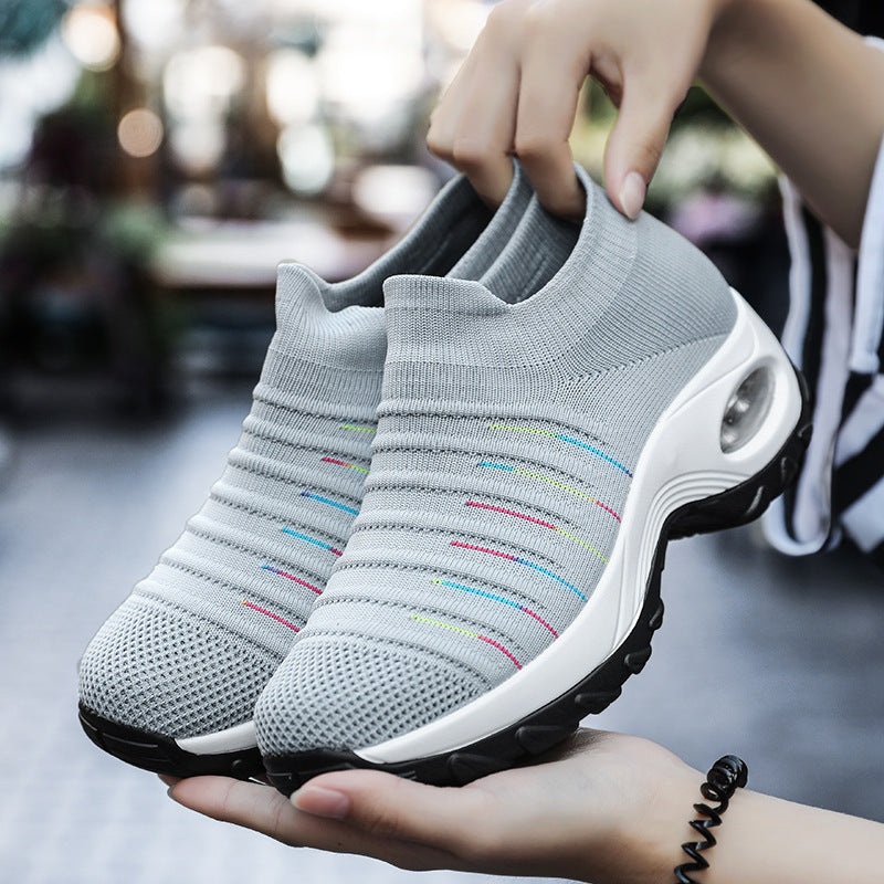 Large Size Women's Shoes Air Cushion Flying Woven Sneakers Product information: Style: leisure Popular elements: color stitching, color matching, candy color Toe shape: round toe Upper material: flying weave Applicable gender: female Heel height: low heel