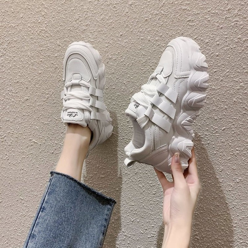 Daddy Shoes Women'S Autumn Thick-Soled Increase Casual Net Red Fashion Sneakers Product information: Applicable gender: female Upper Material: Artificial PU Popular elements: belt decoration, cross straps, waterproof platform, leather stitching Toe shape: