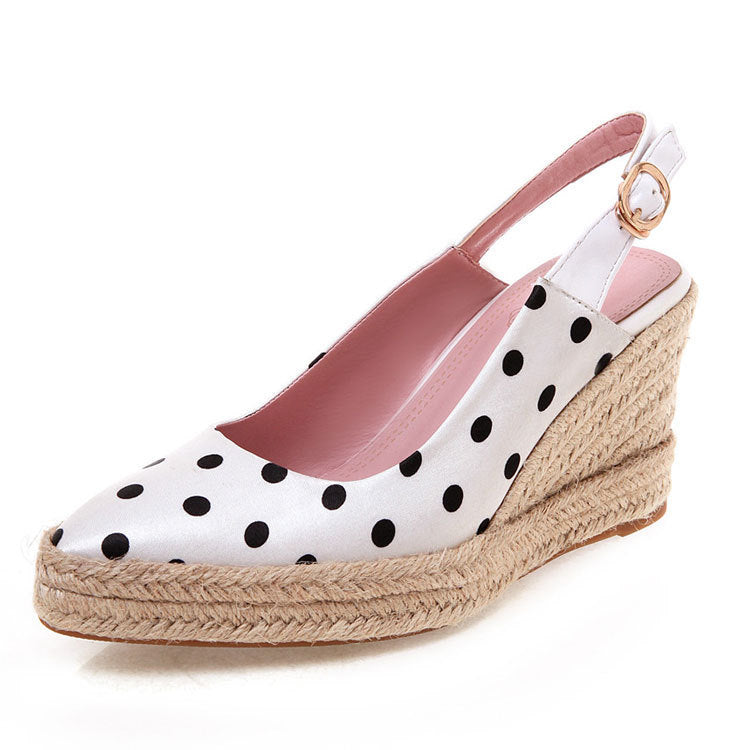 Cross-Border Straw Woven Wedge Heel Ladies Sandals High Heel Back Straps Baotou Size Women'S Shoes Wave Point Product information: Product category: fashion sandals Applicable age: adult Supply category: Spot Upper Material: Cloth Sole material: beef tend