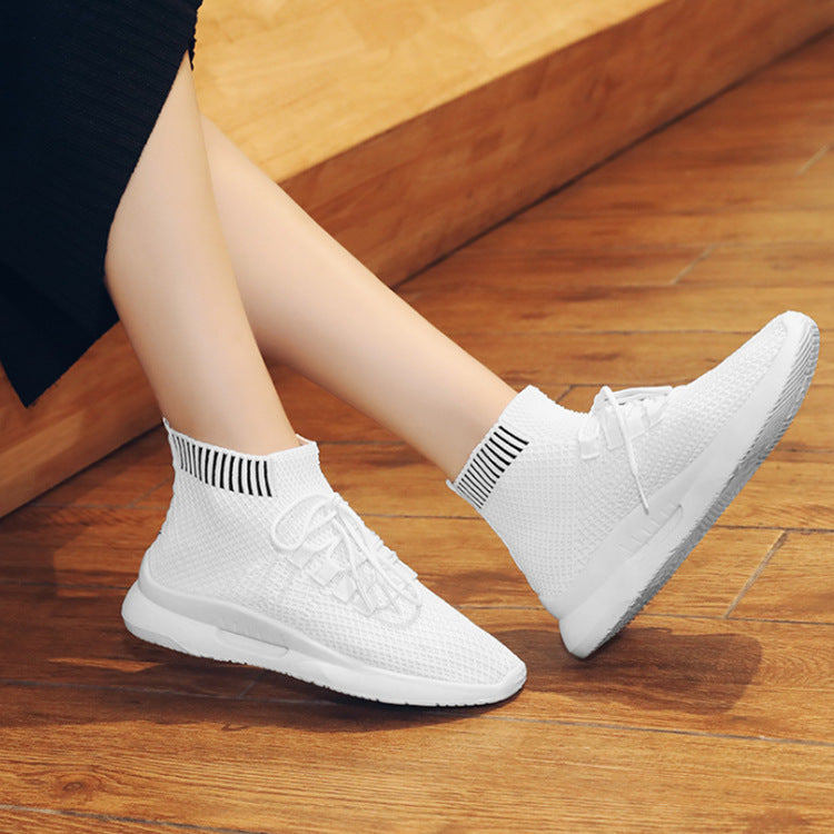 Women's High-Top Stretch Fly Woven Breathable Socks Shoes Product Information: Popular elements: car suture Toe shape: round head Upper material: flying weave Applicable gender: female Heel height: low heel (1-3CM) pattern: plain Sole material: plastic In