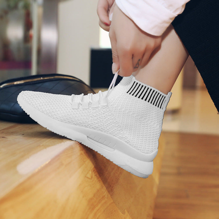 Women's High-Top Stretch Fly Woven Breathable Socks Shoes Product Information: Popular elements: car suture Toe shape: round head Upper material: flying weave Applicable gender: female Heel height: low heel (1-3CM) pattern: plain Sole material: plastic In