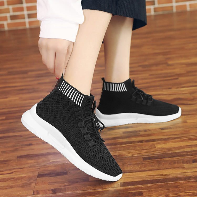 Women's High-Top Stretch Fly Woven Breathable Socks Shoes Product Information: Popular elements: car suture Toe shape: round head Upper material: flying weave Applicable gender: female Heel height: low heel (1-3CM) pattern: plain Sole material: plastic In