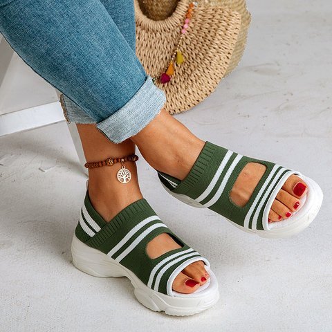 Flying Woven Sandals Women's New Summer Flat-Bottomed Style Comfortable Elastic Thick-Soled Sports Fish Mouth Shoes Large Size Factory Product information: Product category: sports sandals Applicable age: adult Upper Material: Artificial PU Sole Material: