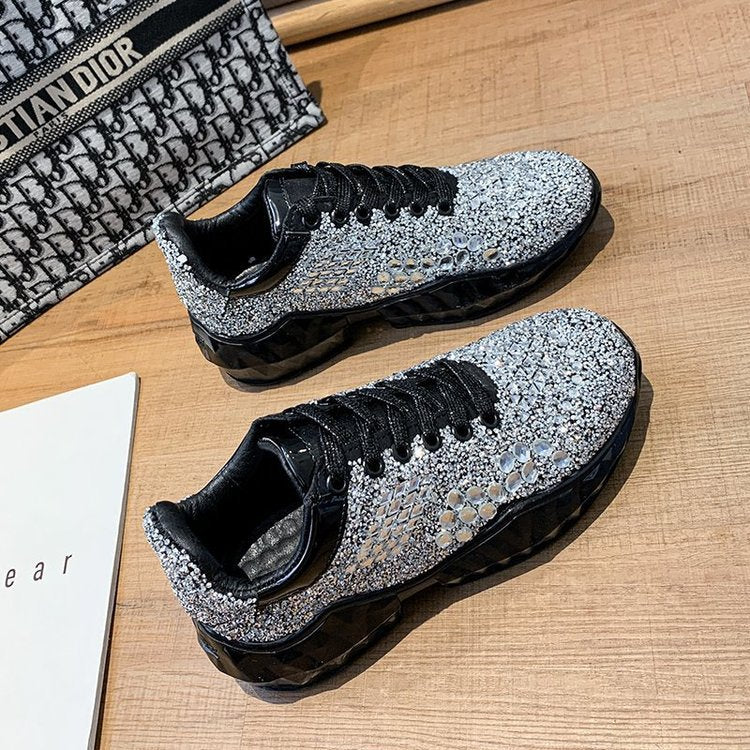 The New Vulcanized Thick-Soled Full-Drilled Casual Sports Shoes Are Comfortable And Non-Slip Product Information: Product Name: Rhinestone Sports Shoes Material: artificial PU, rhinestones Sole Material: Rubber Inside material: mesh Popular elements: spon