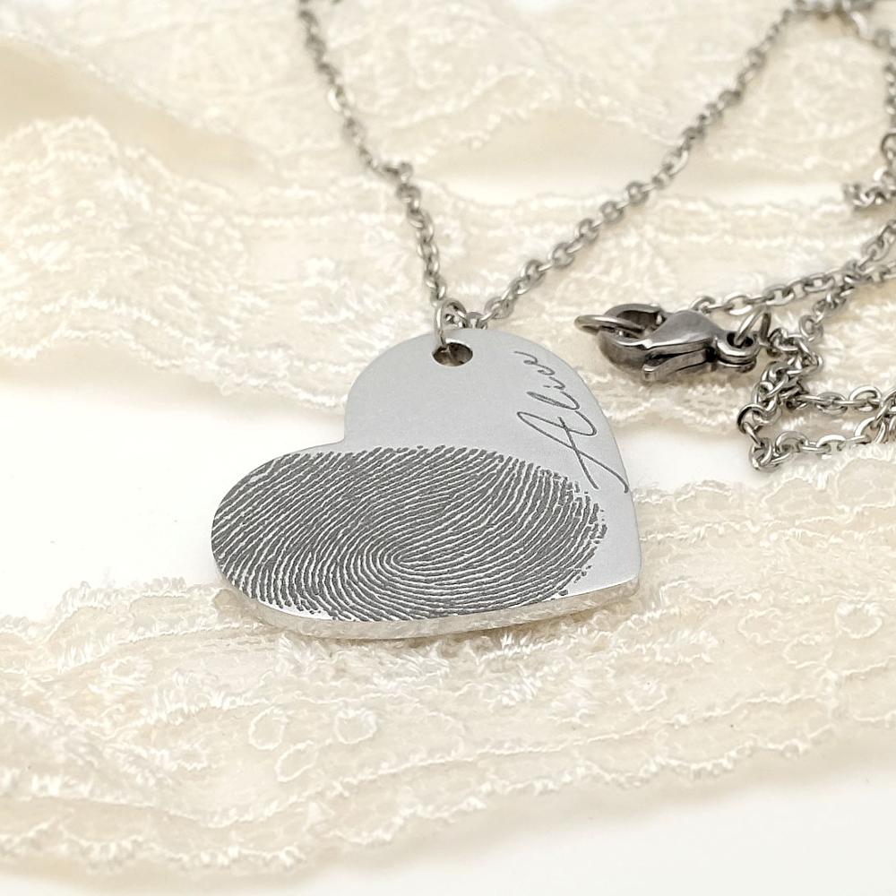 Personalized Fingerprint Necklace Custom Heart Necklace Name Necklace Memorial Gift Christmas Gift Valentines Day Gift Overview Your personalized fingerprint and text can be engraved This is a great way to keep your loved one close to you all day! Just se