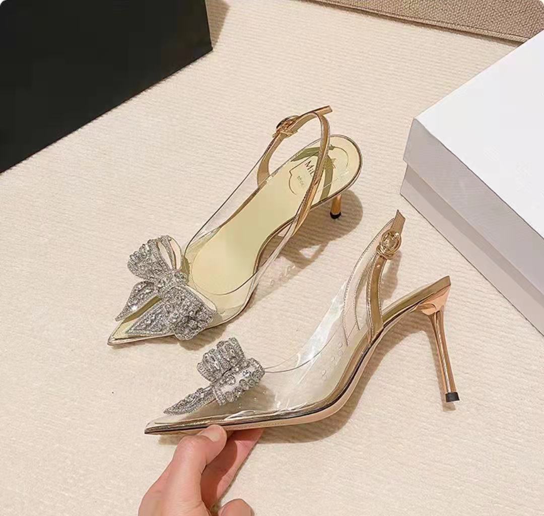Women's Pointed Toe Rhinestone Bow Stiletto Sandals Product Details: Popular elements: rhinestones Toe shape: pointed Upper Material: Microfiber Applicable gender: female Heel height: high heel (6-8CM) Pattern: plain Color: Champagne 6cm, Champagne 8cm, S