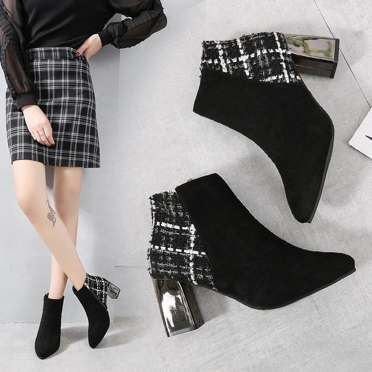 Chunky Heel Ankle High Heels Women's Pointed-toe Boots British Style Short Boots Product information: Color: Black Shoe Upper material: artificial PU Sock length: mid-calf Size: 35,36,37,38,39 Applicable Gender: Female Leather characteristics: PU Popular